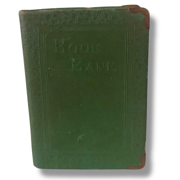 Green Metal Book Bank Advertising Small Souvenir Collectible Vignette Piece - Picture 1 of 10